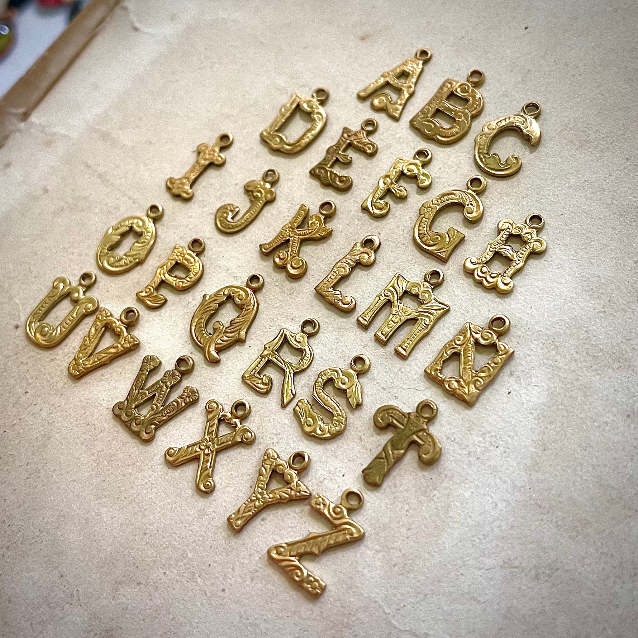 Whimsical Ornate Vintage Brass Full Alphabet Letter Charms