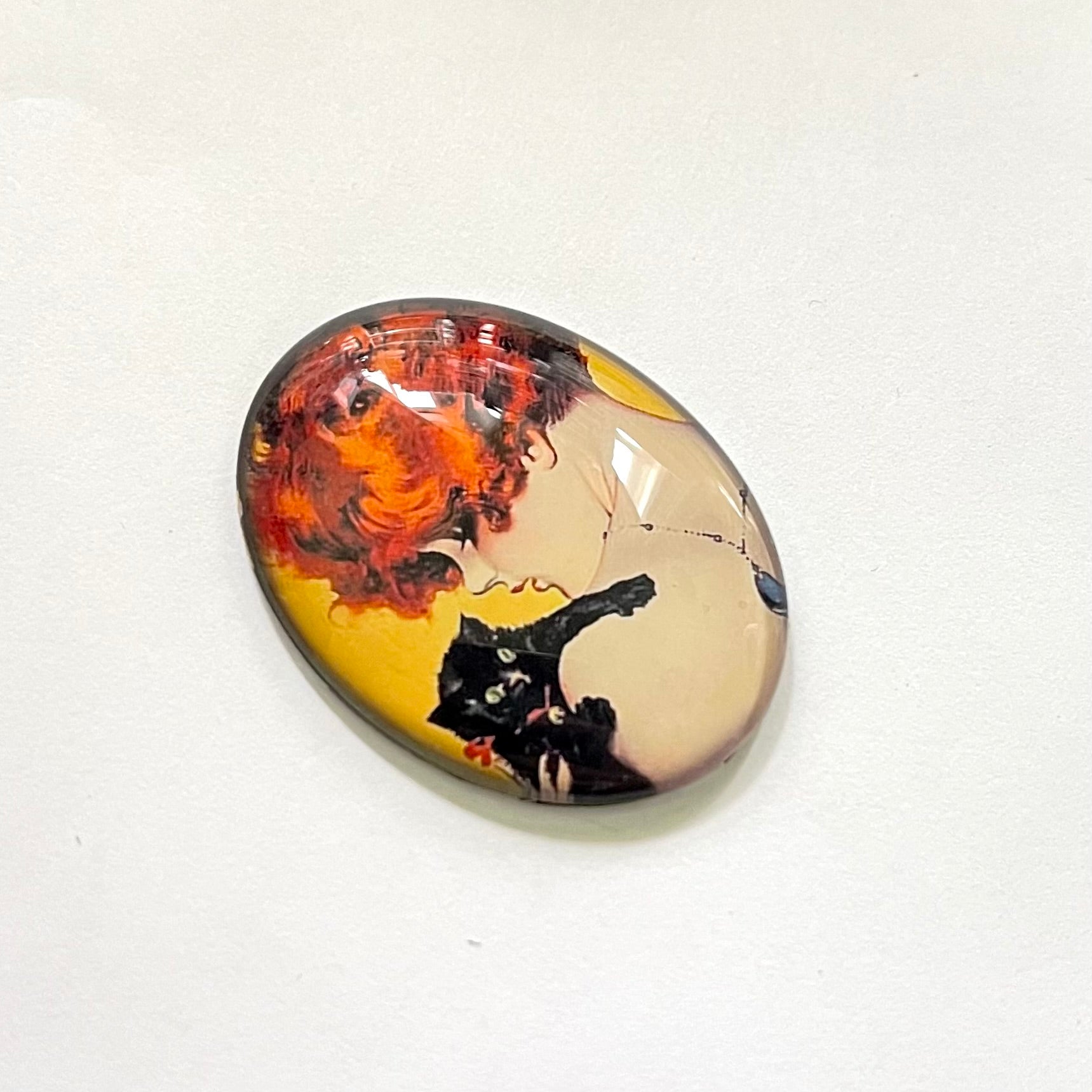 Art Deco Woman with Black Cat Glass Cameo Cabochon