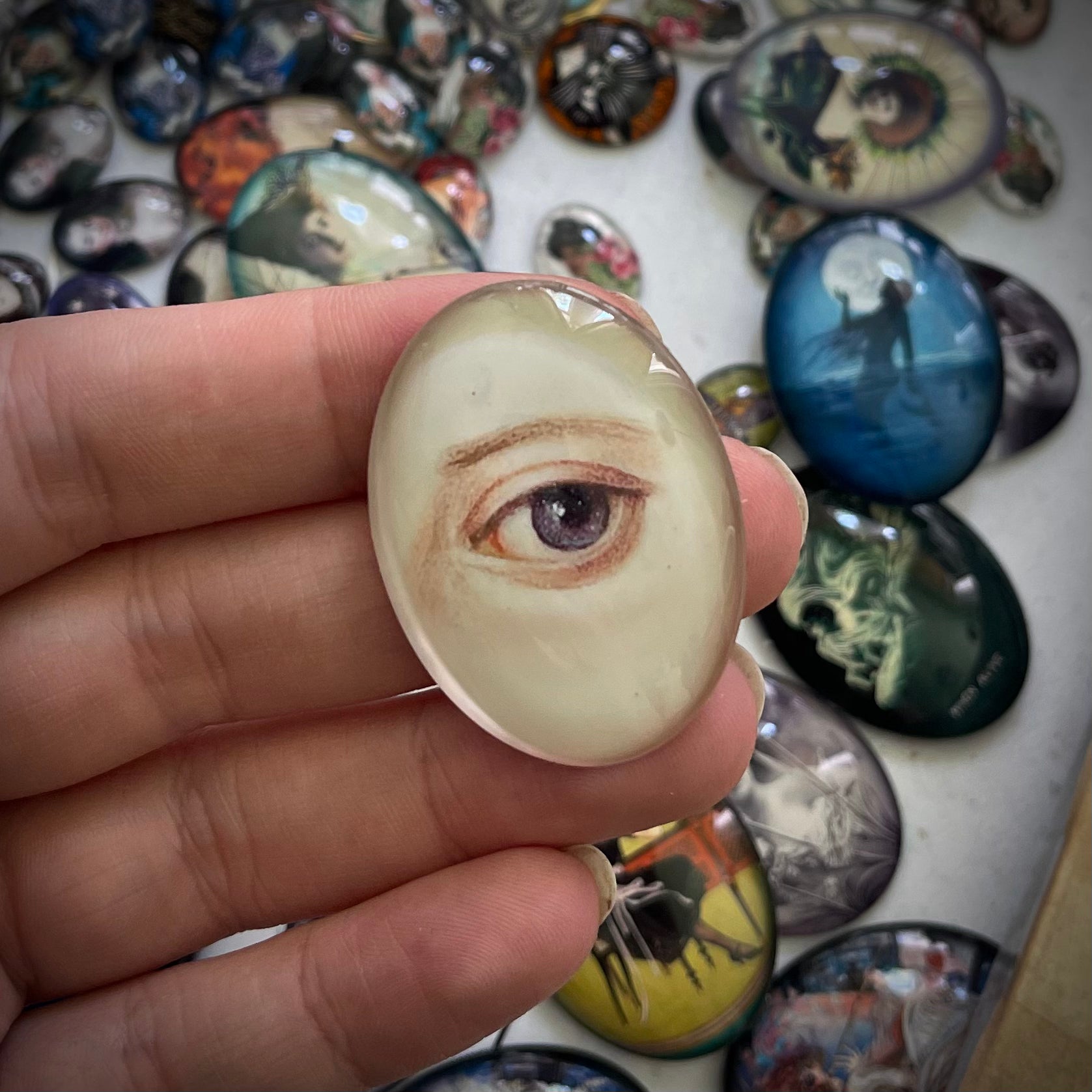 Painting of a Lovers Eye Victorian Glass Cameo Cabochon