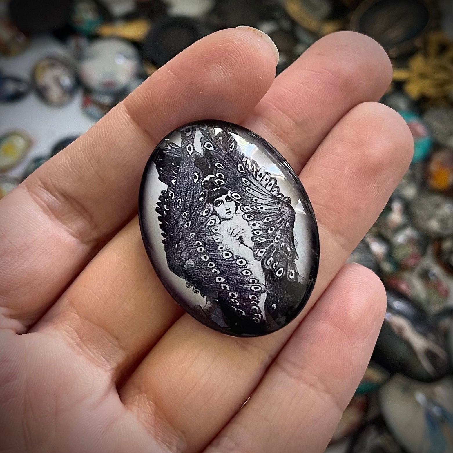 Mysterious Winged Victorian Woman Glass Cameo Cabochon