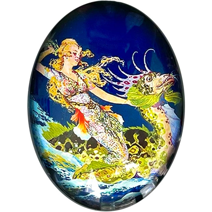 Vintage Mermaid riding Sea Dragon Art Glass Cameo Cabochon