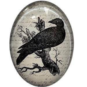 Victorian Gothic Crow Script Design Glass Cameo Cabochon Raven