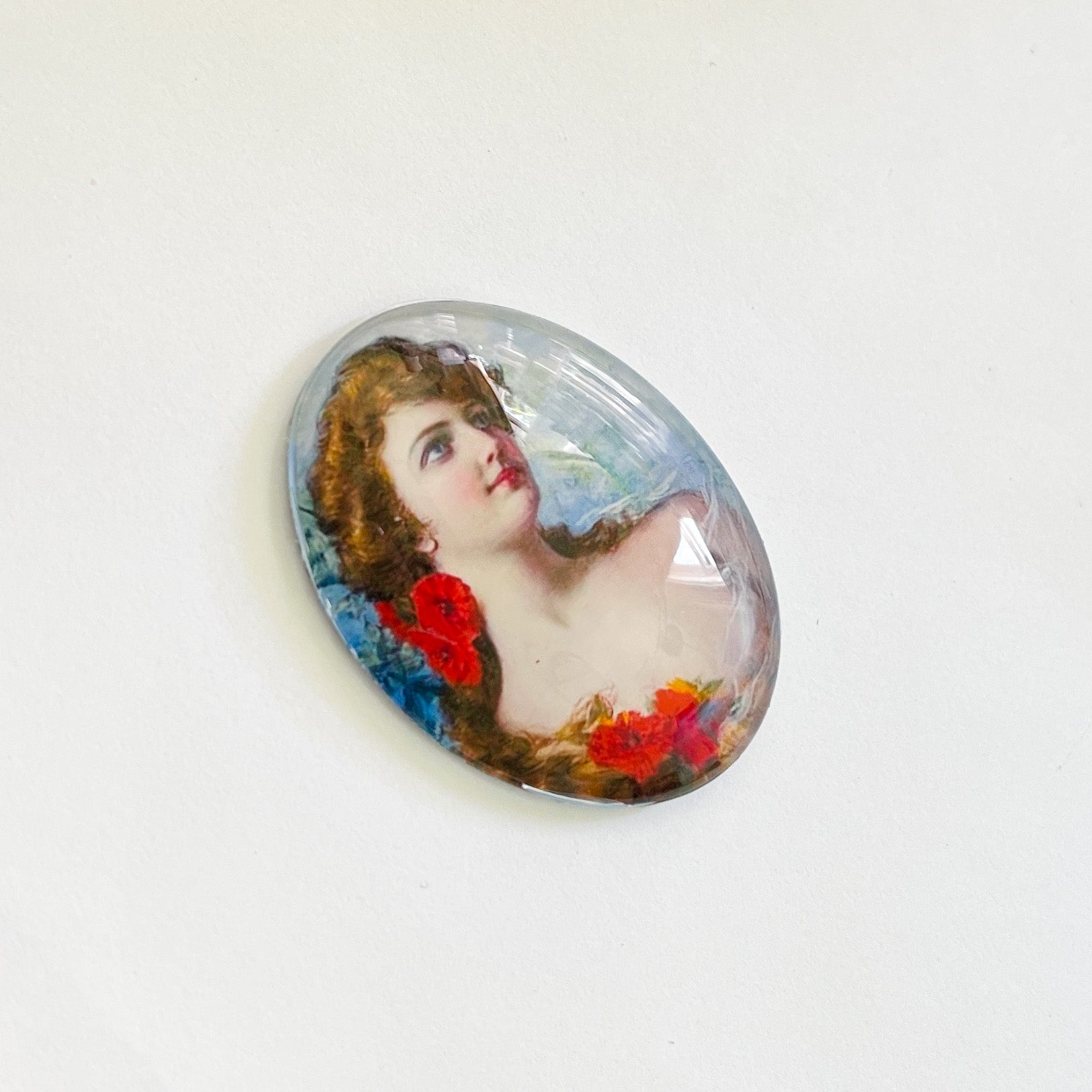 Victorian Woman with Flowers Painting Glass Cameo Cabochon