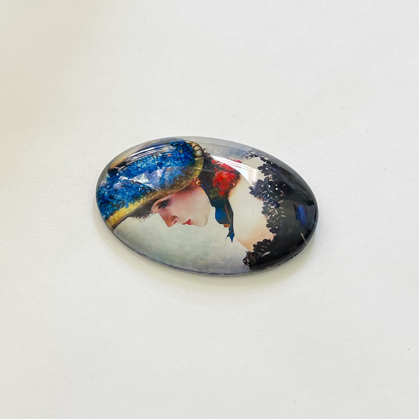 Victorian Woman in Hat Painting Glass Cameo Cabochon