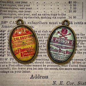 Vintage Poison Labels Bronze Handmade Charm Pair