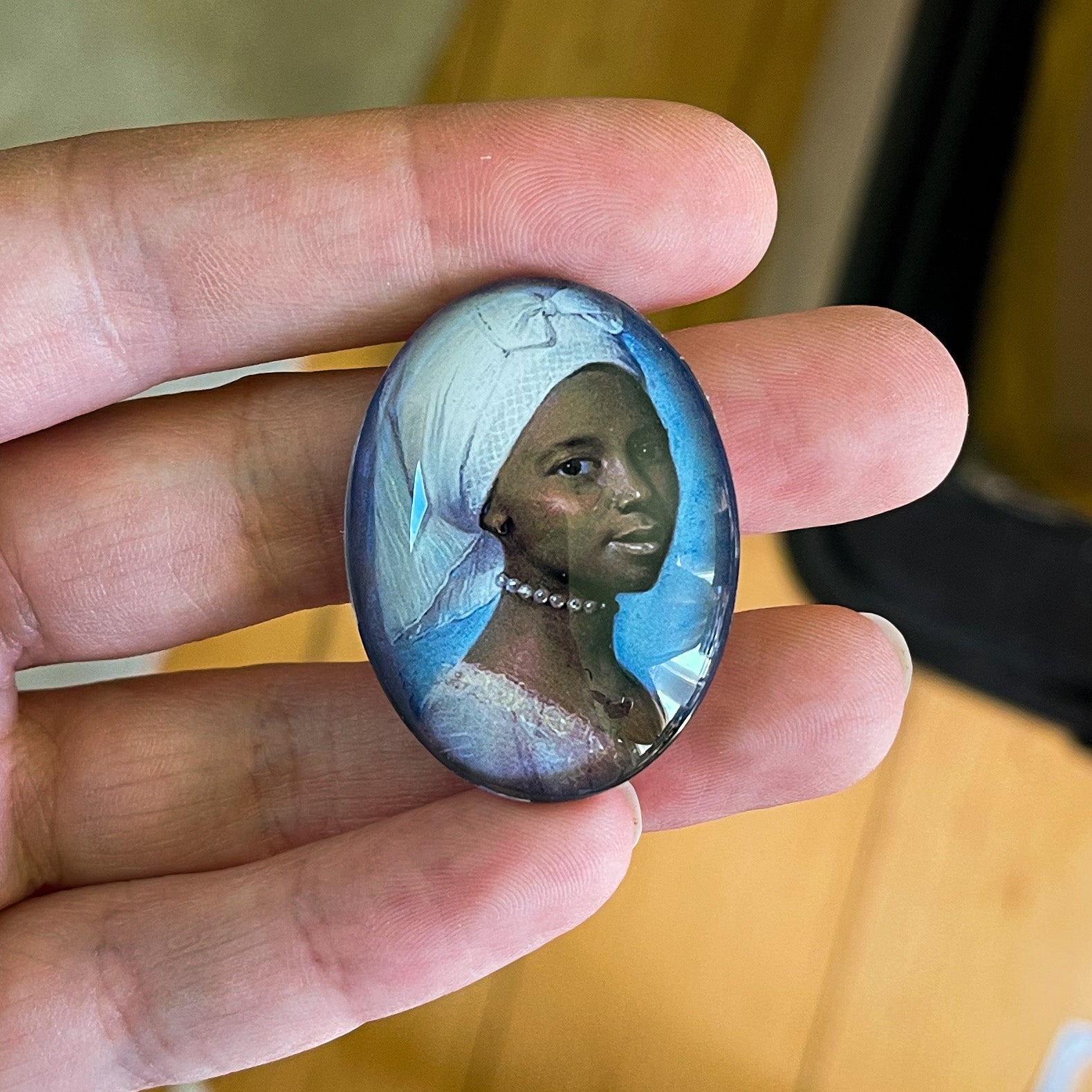 Beautiful Black Woman in Headwrap Antique Painting Cameo Cabochon