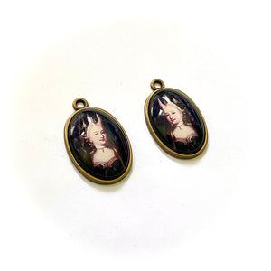 Vintage Mysterious Woman Painting Bronze Handmade Charm Pair