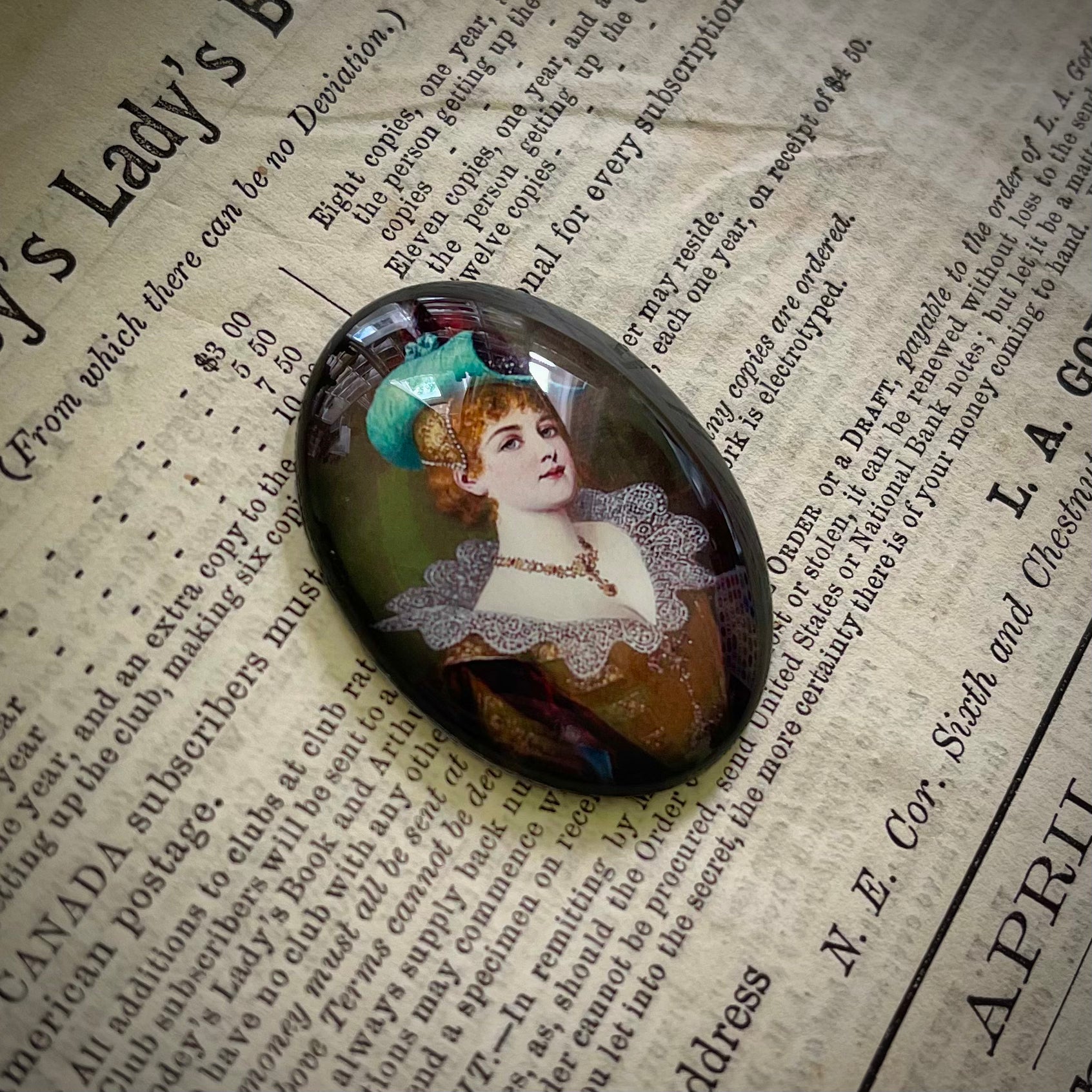 Beautiful Woman in Fancy Hat Antique Painting Cameo Cabochon