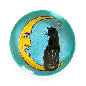 Round Black Cat on Crescent Moon Vintage Glass Cameo Cabochon