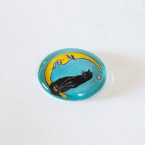 Round Black Cat on Crescent Moon Vintage Glass Cameo Cabochon