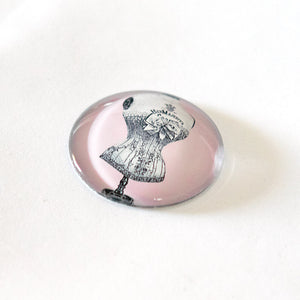 Round Victorian Pink Corset Illustration Glass Cameo Cabochon Vintage
