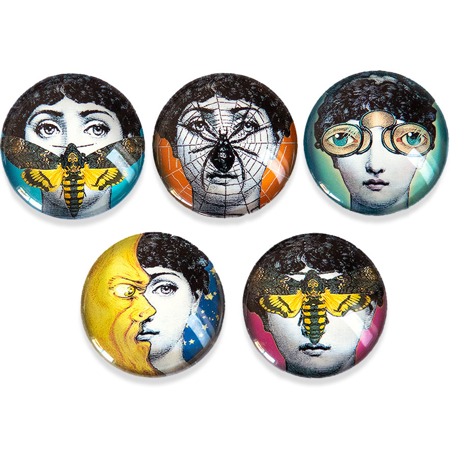 Round 5pc Set Victorian Gothic Collage Glass Cameo Cabochon Fornasetti Faces