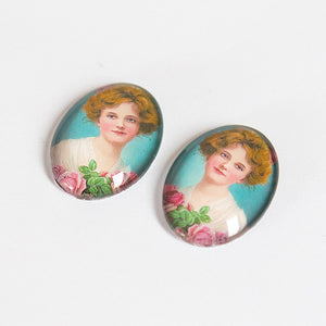 2pc set Left and Right Facing Sweet Victorian Girl with Pink Roses Glass Cameo Cabochon