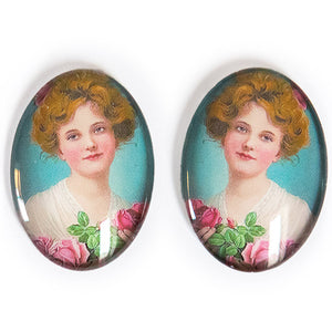 2pc set Left and Right Facing Sweet Victorian Girl with Pink Roses Glass Cameo Cabochon